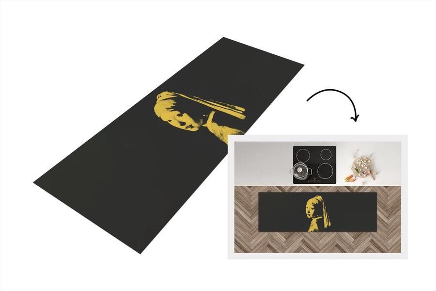 KitchenYeah Keukenloper Loper keuken Meisje met de parel Vermeer Geel 180x60 cm Keukenloper vinyl