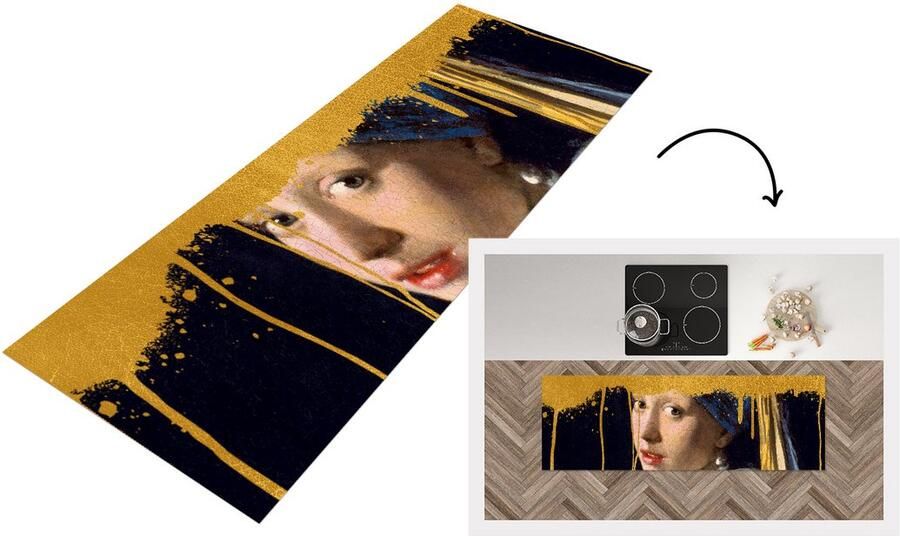 KitchenYeah Keukenloper Loper keuken Meisje met de Parel Vermeer Goud 150x50 cm Keukenloper vinyl