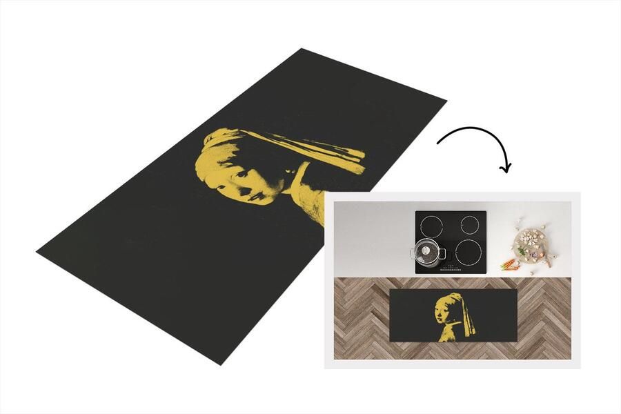 KitchenYeah Keukenloper Loper keuken Meisje met de parel Zwart Geel 120x50 cm Keukenloper vinyl