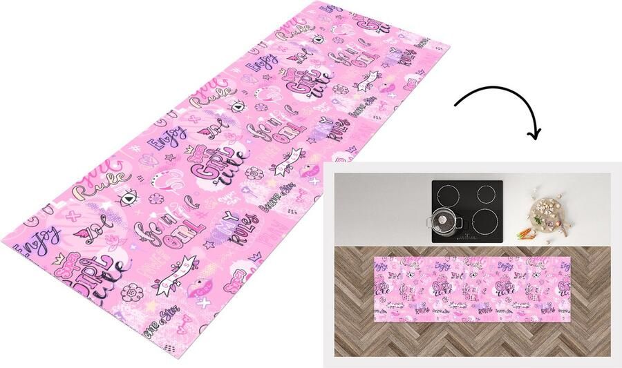 KitchenYeah Keukenloper Loper keuken Meisjes Tiener Roze Quotes Patronen 180x60 cm Keukenloper vinyl