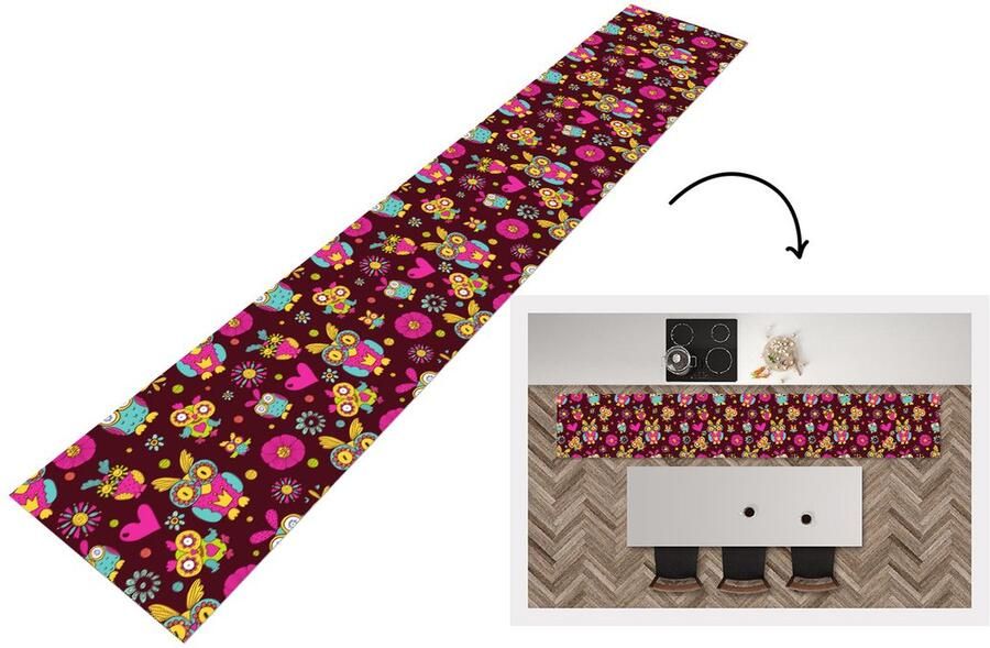 KitchenYeah Keukenloper Keukenmat Meisjes Uil Chocolade Patronen 360x60 cm Keuken vloerkleed