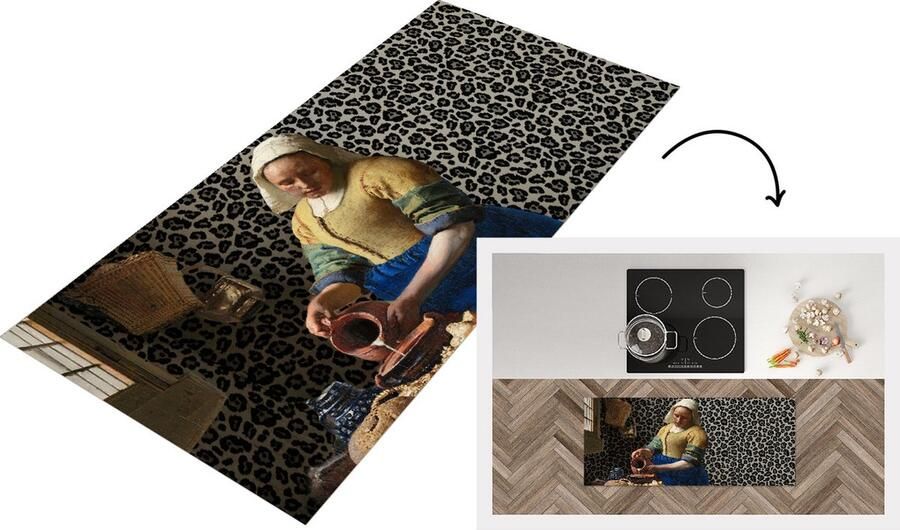KitchenYeah Keukenloper Loper keuken Melkmeisje Panterprint Vermeer 120x50 cm Keukenloper vinyl