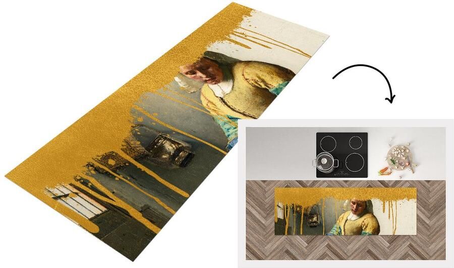 KitchenYeah Keukenloper Loper keuken Melkmeisje Vermeer Goud 180x60 cm Keukenloper vinyl
