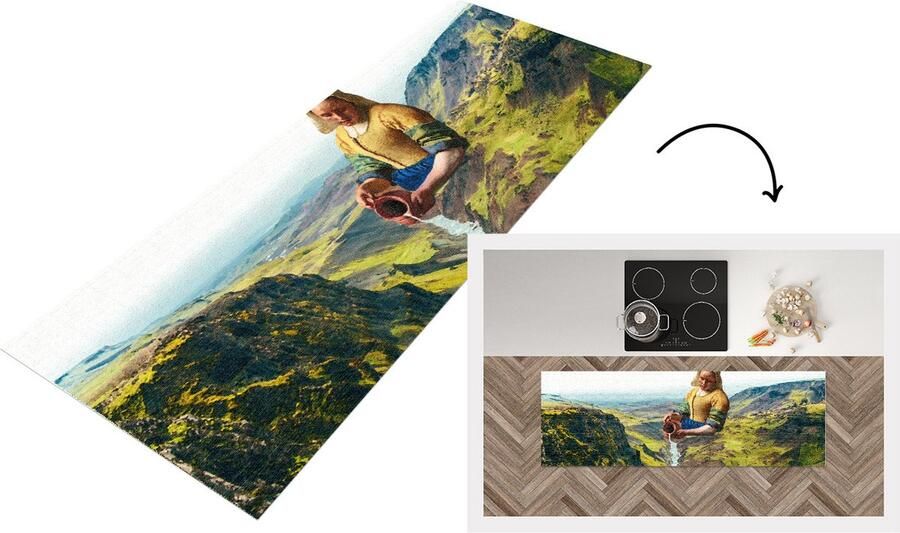 KitchenYeah Keukenloper Loper keuken Melkmeisje Vermeer Natuur 150x50 cm Keukenloper vinyl