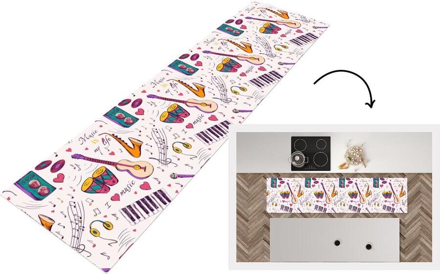 KitchenYeah Keukenloper Loper keuken Muziek Instrumenten Quotes 240x60 cm Keukenloper vinyl