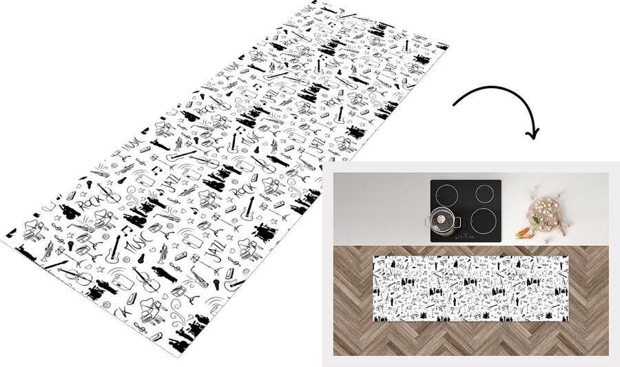 KitchenYeah Keukenloper Loper keuken Muziek Patronen Zwart Wit 150x50 cm Keukenloper vinyl