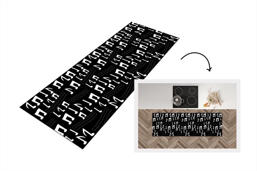 KitchenYeah Keukenloper Loper keuken Muziek Zwart Wit Patroon 150x50 cm Keukenloper vinyl
