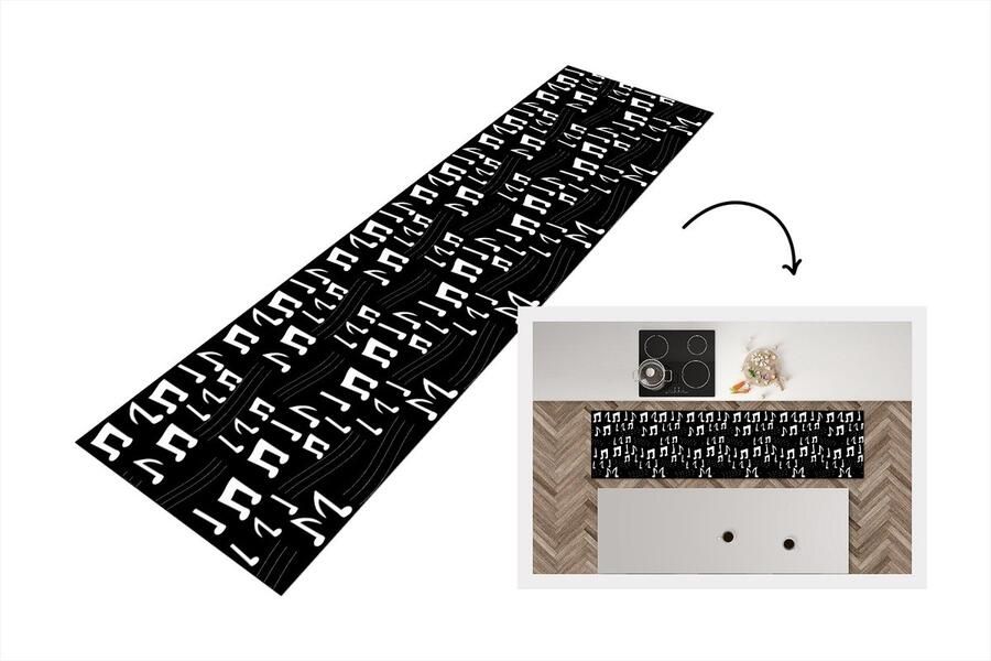 KitchenYeah Keukenloper Loper keuken Muziek Zwart Wit Patroon 240x60 cm Keukenloper vinyl