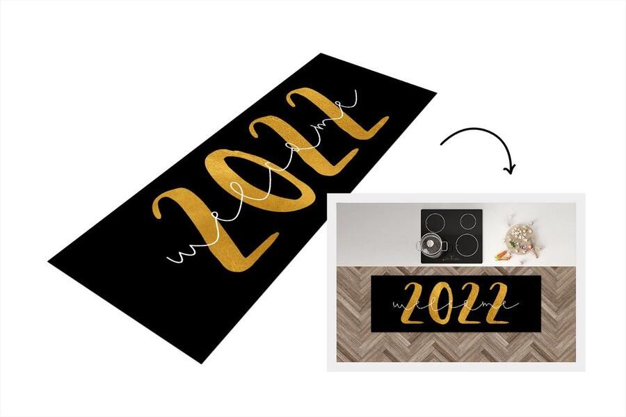 KitchenYeah Keukenloper Loper keuken Nieuwjaar Welcome 2022 Goud Spreuken Quotes 180x60 cm Keukenloper vinyl