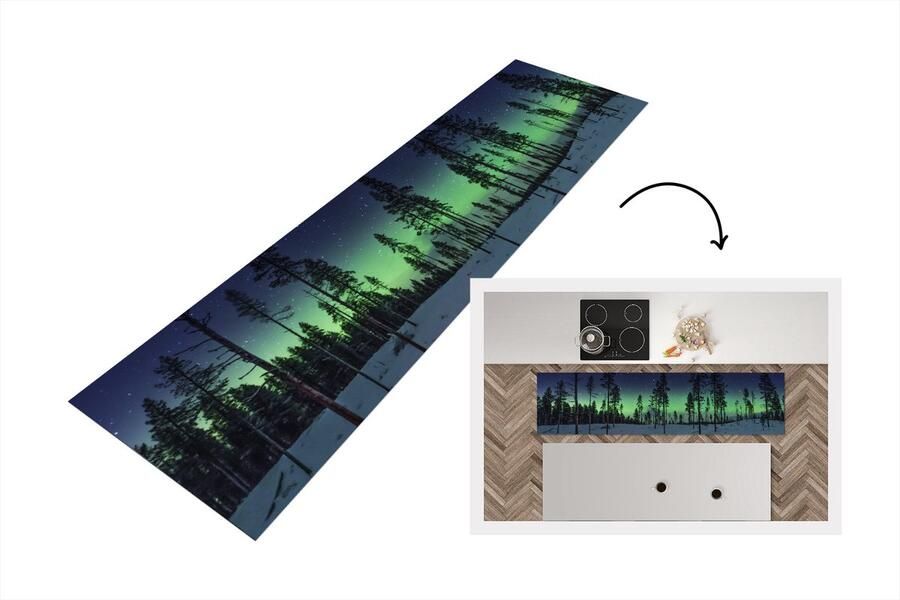 KitchenYeah Keukenloper Loper keuken Noorderlicht Sneeuw Boom 200x50 cm Keukenloper vinyl