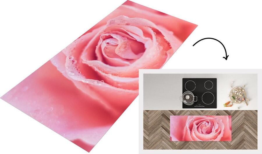 KitchenYeah Keukenloper Loper keuken Ochtenddauw op de bloembladen van roze roos 120x50 cm Keukenloper vinyl