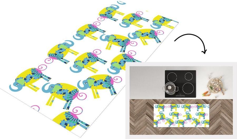 KitchenYeah Keukenloper Loper keuken Olifant Geel Ornament Patronen 120x50 cm Keukenloper vinyl