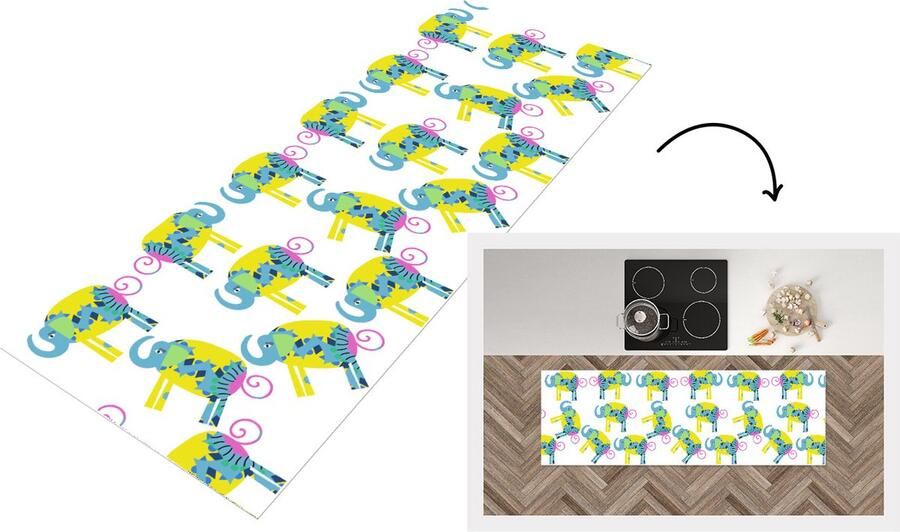 KitchenYeah Keukenloper Loper keuken Olifant Geel Ornament Patronen 180x60 cm Keukenloper vinyl
