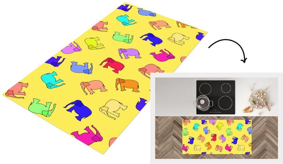 KitchenYeah Keukenloper Loper keuken Olifant Geel Patronen 120x60 cm Keukenloper vinyl