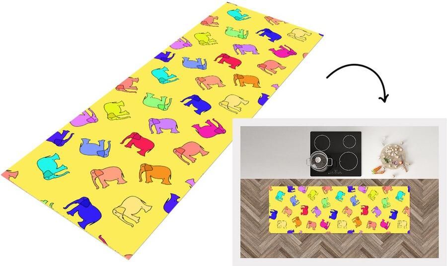 KitchenYeah Keukenloper Loper keuken Olifant Geel Patronen 150x50 cm Keukenloper vinyl