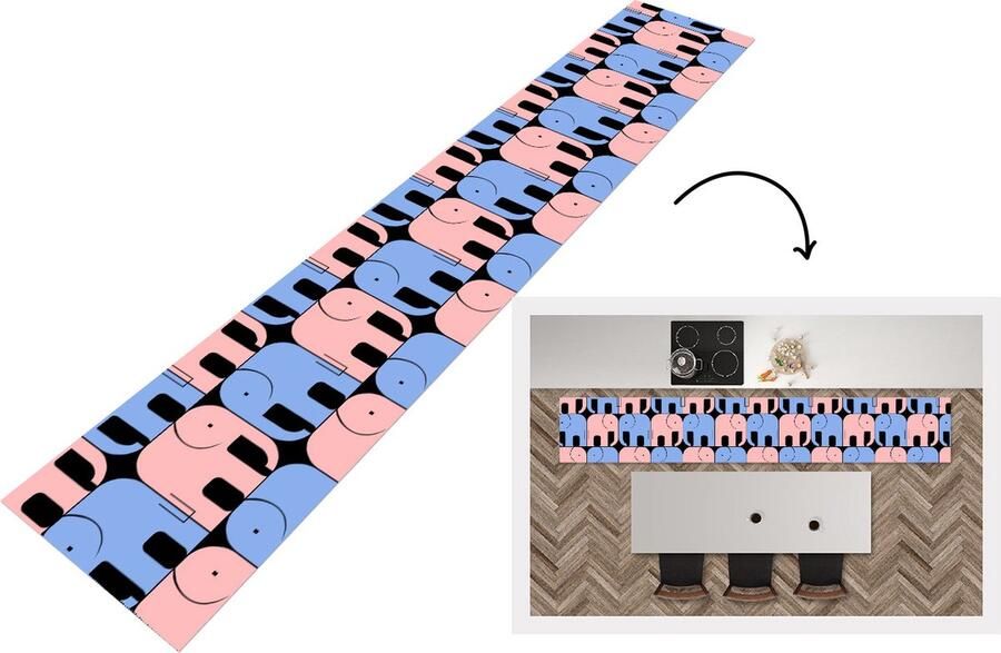 KitchenYeah Keukenloper Keukenmat Olifant Lijn Zwart Patronen 360x60 cm Keuken vloerkleed