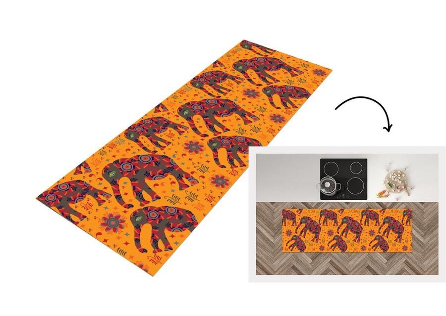 KitchenYeah Keukenloper Loper keuken Olifant Ornament Bloemen Patroon 150x50 cm Keukenloper vinyl