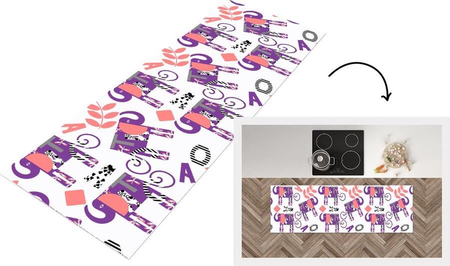 KitchenYeah Keukenloper Loper keuken Olifanten Bladeren Paars Patroon 150x50 cm Keukenloper vinyl