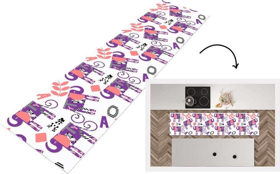 KitchenYeah Keukenloper Loper keuken Olifanten Bladeren Paars Patroon 240x60 cm Keukenloper vinyl