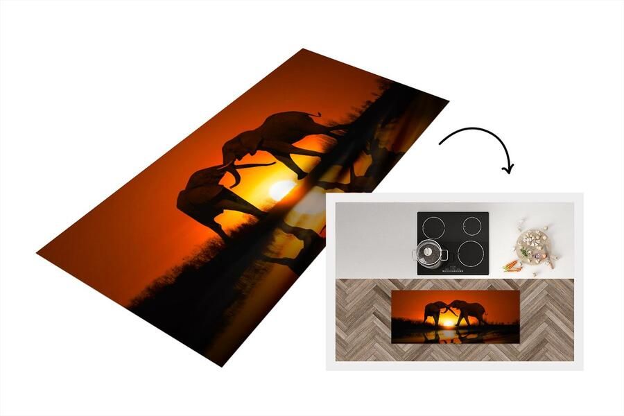 KitchenYeah Keukenloper Loper keuken Olifanten koppel bij zonsondergang 120x50 cm Keukenloper vinyl