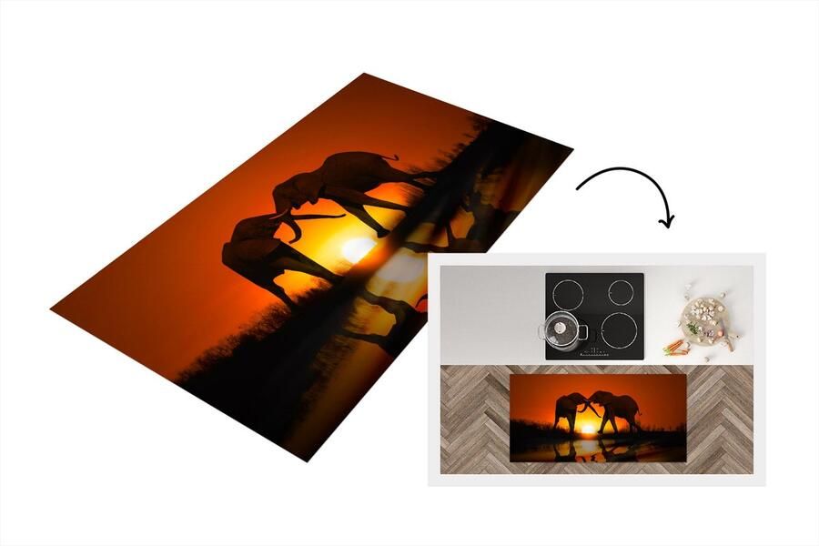 KitchenYeah Keukenloper Loper keuken Olifanten koppel bij zonsondergang 120x60 cm Keukenloper vinyl