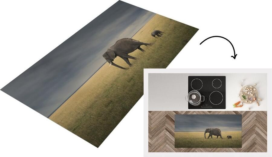 KitchenYeah Keukenloper Loper keuken Olifanten vluchten voor het slechte weer 120x60 cm Keukenloper vinyl