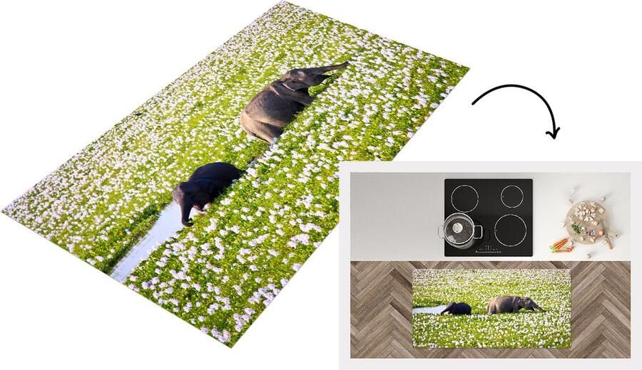 KitchenYeah Keukenloper Loper keuken Olifanten wandelend door het waterveld met planten 120x60 cm Keukenloper vinyl