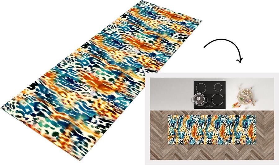 KitchenYeah Keukenloper Loper keuken Oranje Blauw Dierenprint Patronen 180x60 cm Keukenloper vinyl