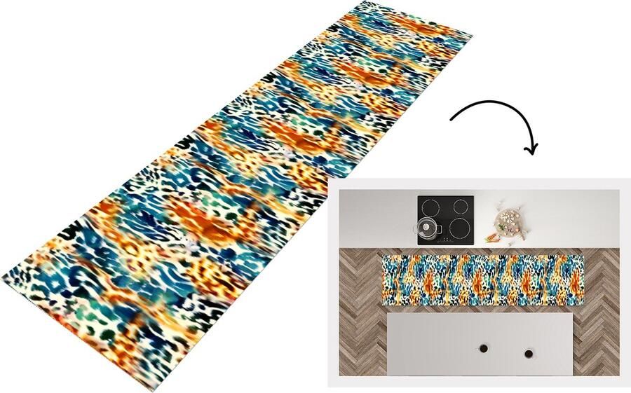 KitchenYeah Keukenloper Loper keuken Oranje Blauw Dierenprint Patronen 200x50 cm Keukenloper vinyl
