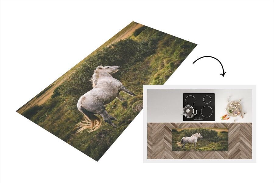 KitchenYeah Keukenloper Loper keuken Paard Wit Struik 120x50 cm Keukenloper vinyl