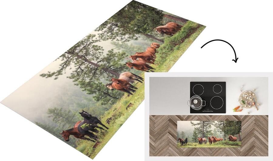 KitchenYeah Keukenloper Loper keuken Paarden Bos Mist 120x50 cm Keukenloper vinyl