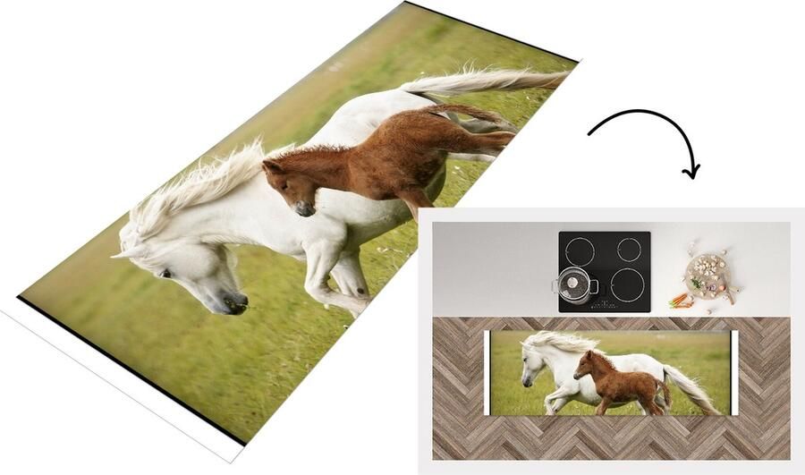 KitchenYeah Keukenloper Loper keuken Paarden Dieren Gras 180x60 cm Keukenloper vinyl