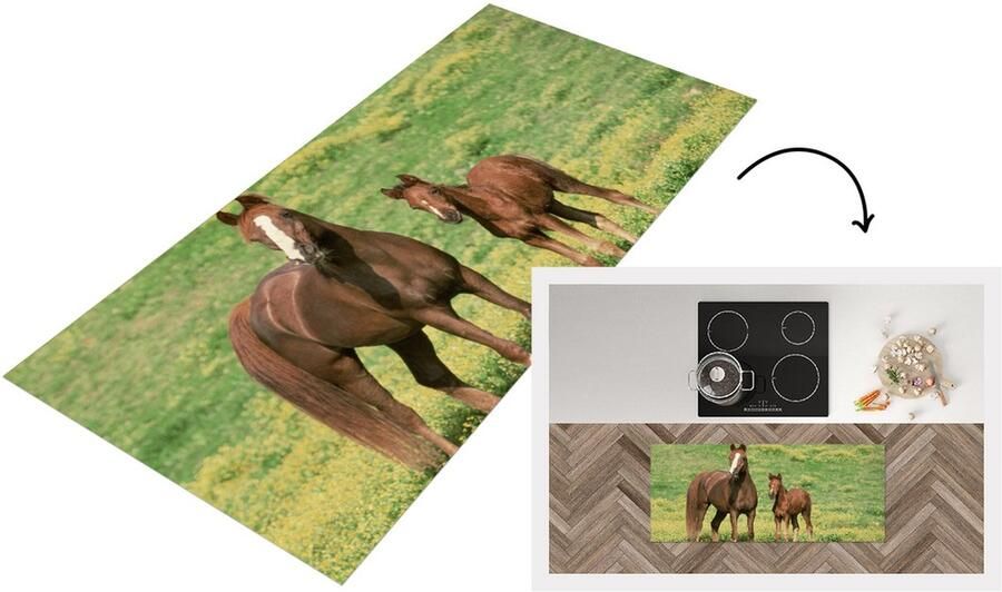 KitchenYeah Keukenloper Loper keuken Paarden Gras Bruin 120x50 cm Keukenloper vinyl