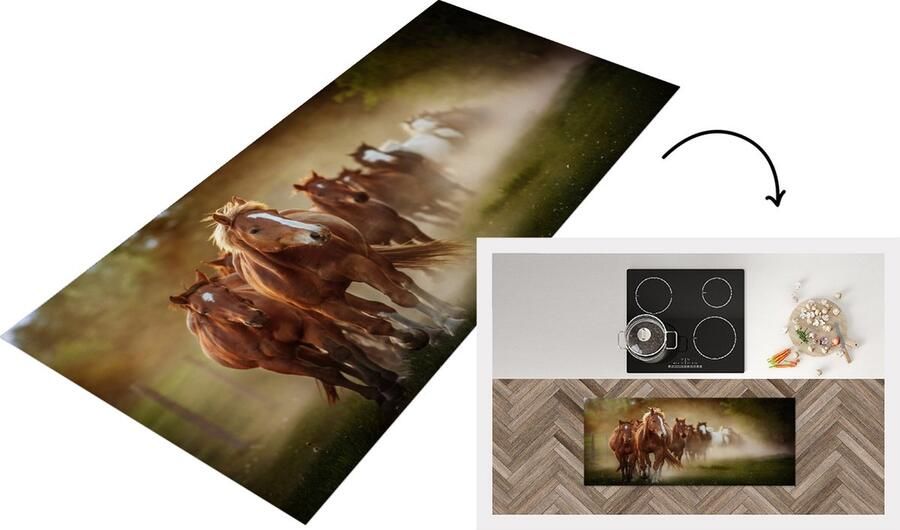 KitchenYeah Keukenloper Loper keuken Paarden Licht Natuur 120x50 cm Keukenloper vinyl