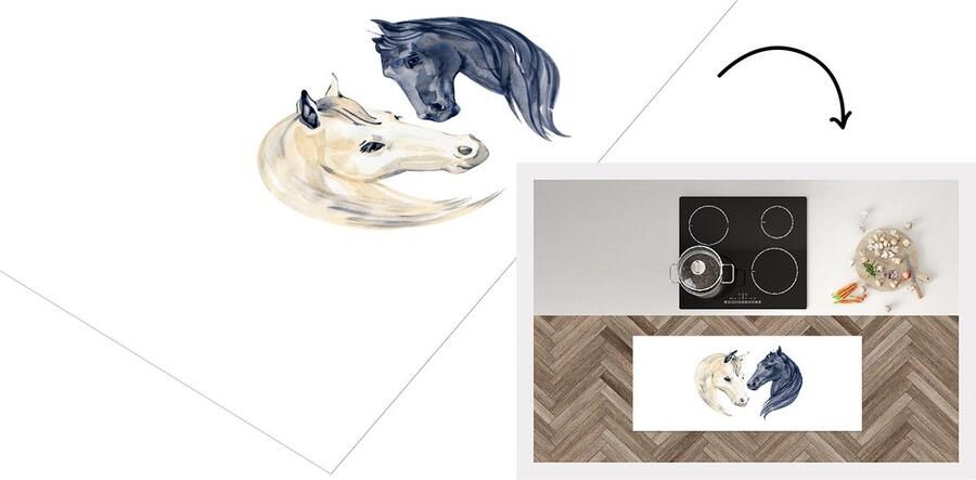 KitchenYeah Keukenloper Loper keuken Paarden Waterverf Blauw 120x50 cm Keukenloper vinyl