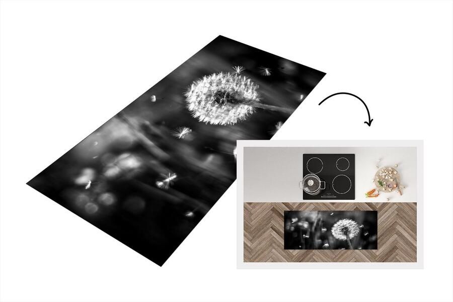 KitchenYeah Keukenloper Loper keuken Paardenbloem Zwart Wit Plant 120x50 cm Keukenloper vinyl