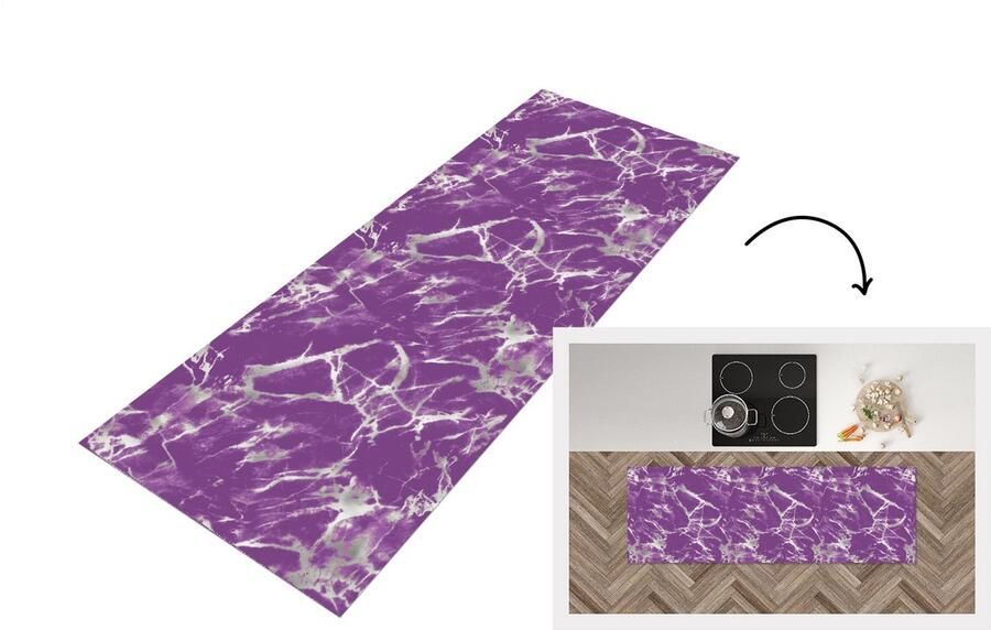 KitchenYeah Keukenloper Loper keuken Paars Wit Marmer Patronen 150x50 cm Keukenloper vinyl