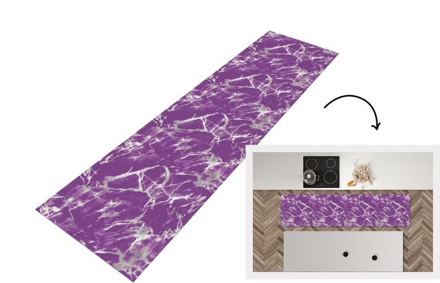 KitchenYeah Keukenloper Loper keuken Paars Wit Marmer Patronen 200x50 cm Keukenloper vinyl