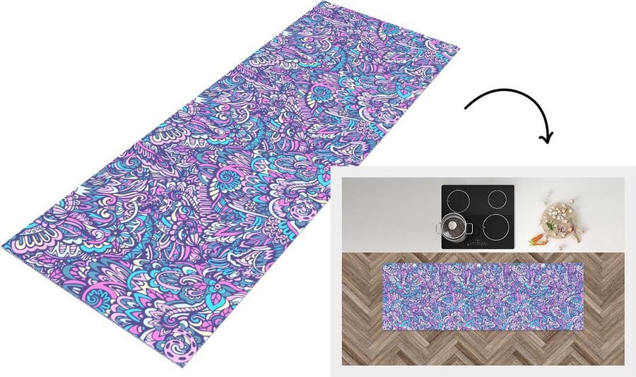 KitchenYeah Keukenloper Loper keuken Paisley Vintage Roze Blauw Patroon 150x50 cm Keukenloper vinyl