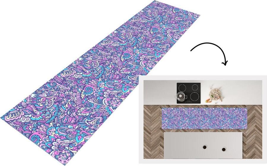 KitchenYeah Keukenloper Loper keuken Paisley Vintage Roze Blauw Patroon 200x50 cm Keukenloper vinyl