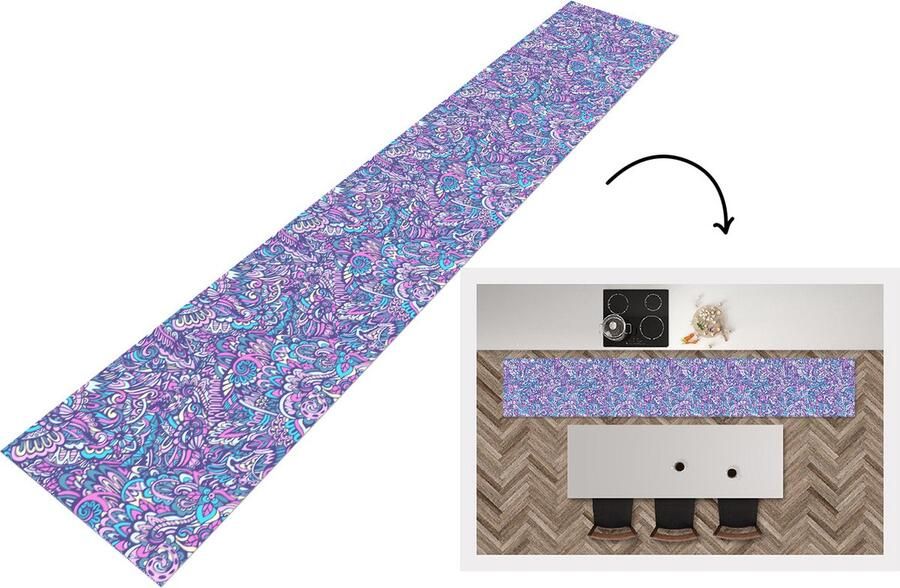 KitchenYeah Keukenloper Loper keuken Paisley Vintage Roze Blauw Patroon 300x50 cm Keukenloper vinyl