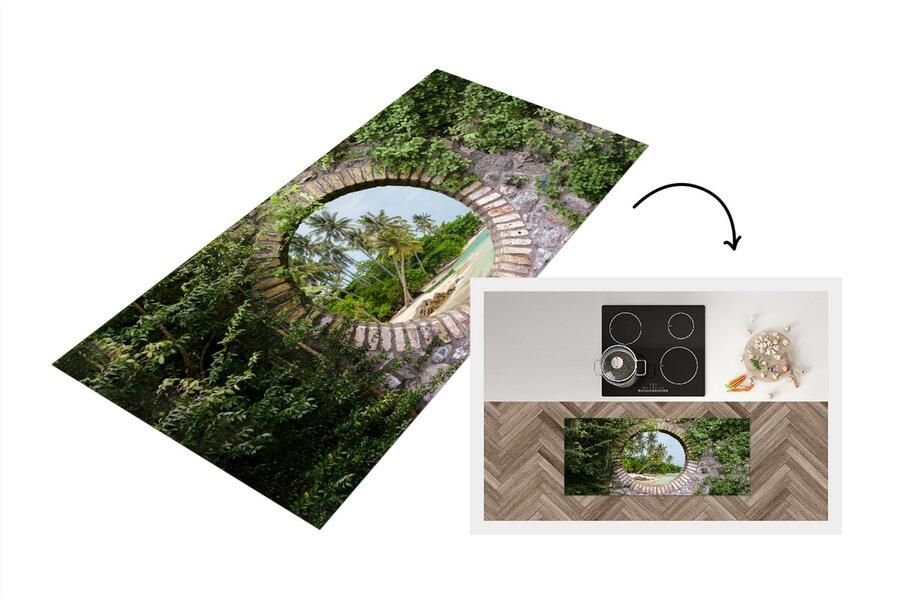 KitchenYeah Keukenloper Loper keuken Palmbomen Tropisch Doorkijk Strand 120x50 cm Keukenloper vinyl