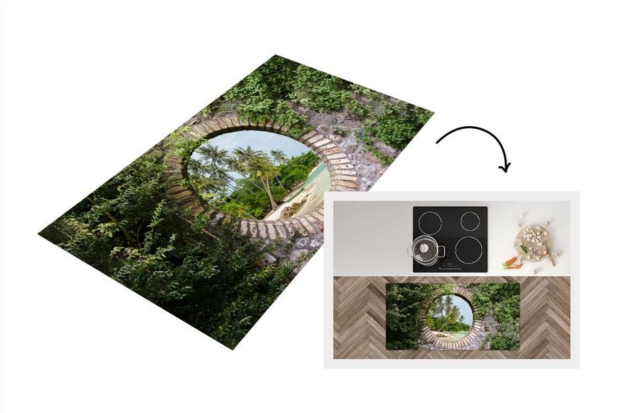 KitchenYeah Keukenloper Loper keuken Palmbomen Tropisch Doorkijk Strand 120x60 cm Keukenloper vinyl