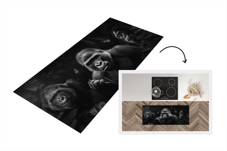 KitchenYeah Keukenloper Loper keuken Panorama met gorilla's en vlinders in de jungle zwart wit 120x50 cm Keukenloper vinyl