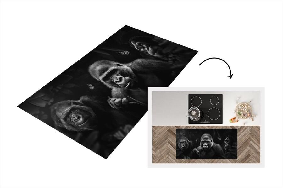KitchenYeah Keukenloper Loper keuken Panorama met gorilla's en vlinders in de jungle zwart wit 120x60 cm Keukenloper vinyl