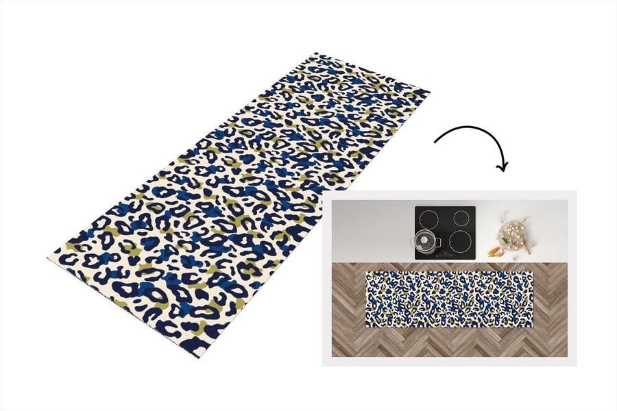 KitchenYeah Keukenloper Loper keuken Panter Design Blauw Groen 180x60 cm Keukenloper vinyl
