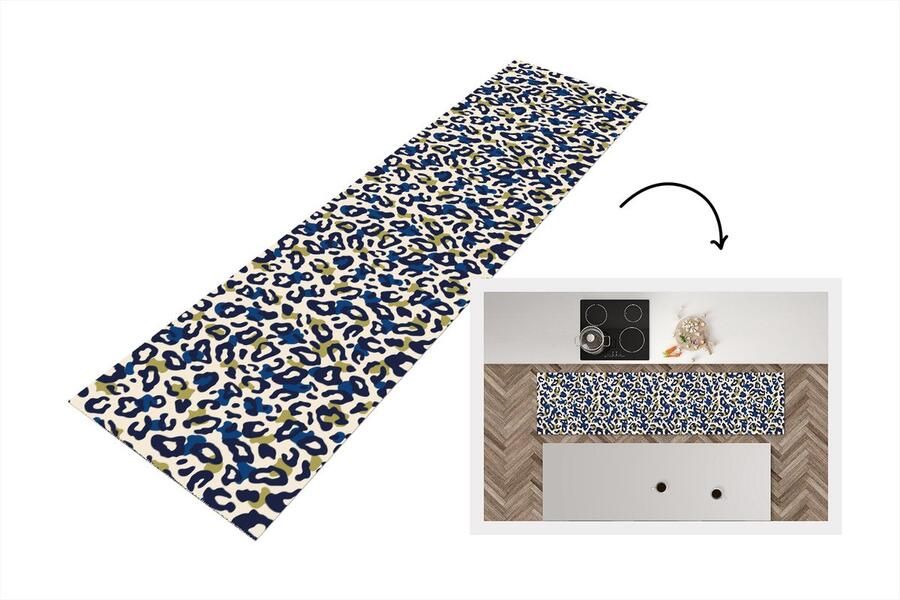 KitchenYeah Keukenloper Loper keuken Panter Design Blauw Groen 200x50 cm Keukenloper vinyl