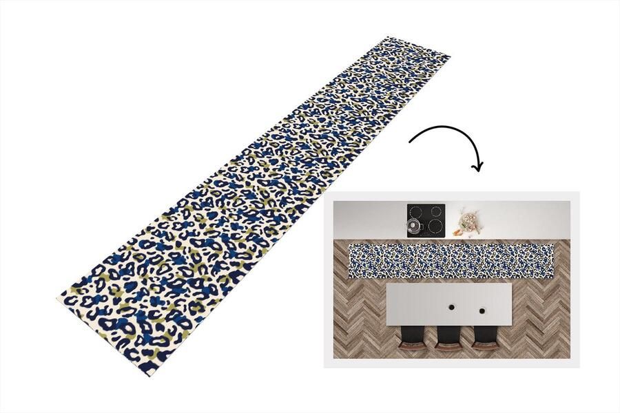 KitchenYeah Keukenloper Loper keuken Panter Design Blauw Groen 300x50 cm Keukenloper vinyl