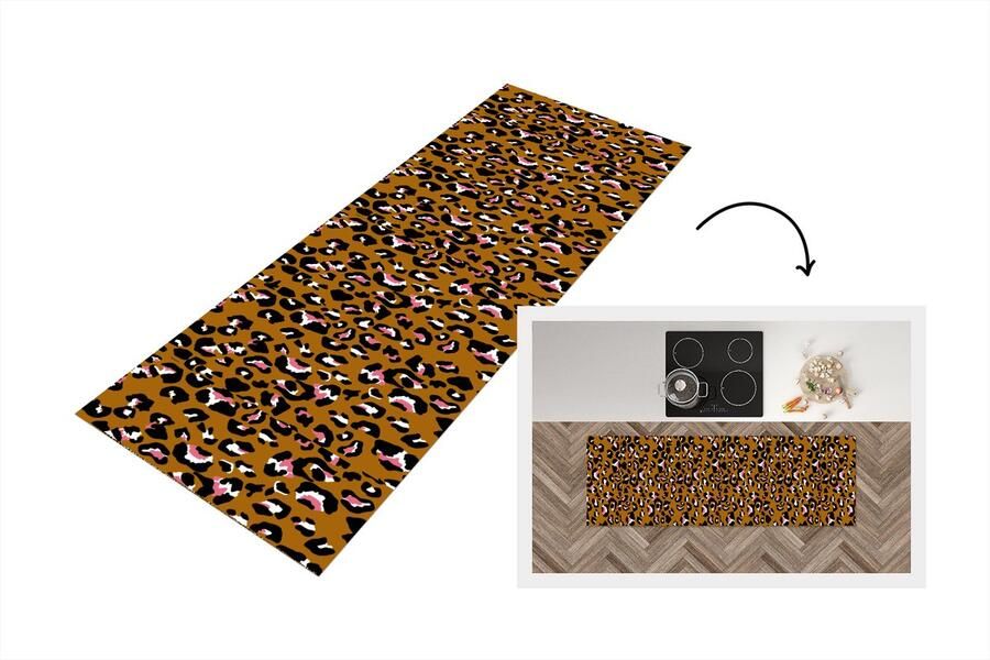 KitchenYeah Keukenloper Loper keuken Panter Design Roze Bruin Patronen 180x60 cm Keukenloper vinyl