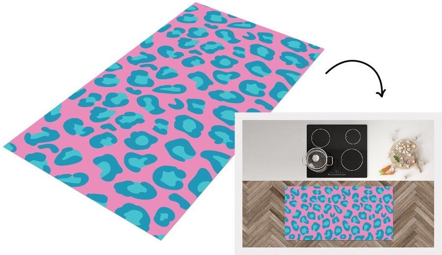 KitchenYeah Keukenloper Loper keuken Panterprint Blauw Roze Patronen 120x60 cm Keukenloper vinyl